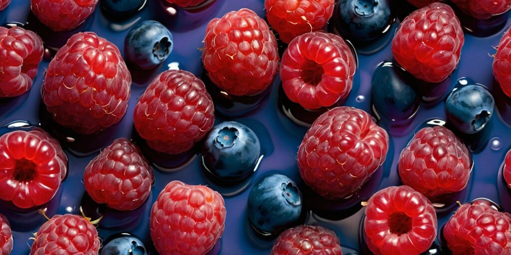 Une image d'un verre de Blueberry Sour Raspberry avec des bleuets et des framboises autour, sur un fond de bois. Une image d'un verre de Blueberry Sour Raspberry avec des bleuets et des framboises autour, sur un fond de bois.