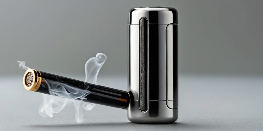 Une image d'un appareil de fumerie électronique avec un nuage de vapeur et une légende mentionnant 